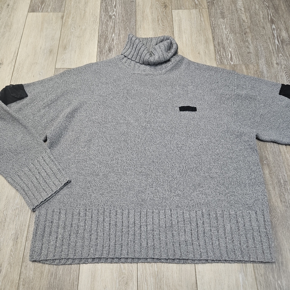 GSL Vintage Wool Blend Oversized Turtle Neck Sweater Grey Suede Pocket Women XXL